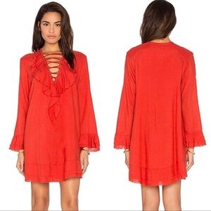 IRO Florine Tie Up Bell Sleeve Boho Ruffle Mini Dress Poppy Red Size 38 / US 6